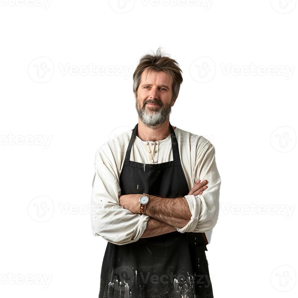 Confident male artist with apron on transparent background photo