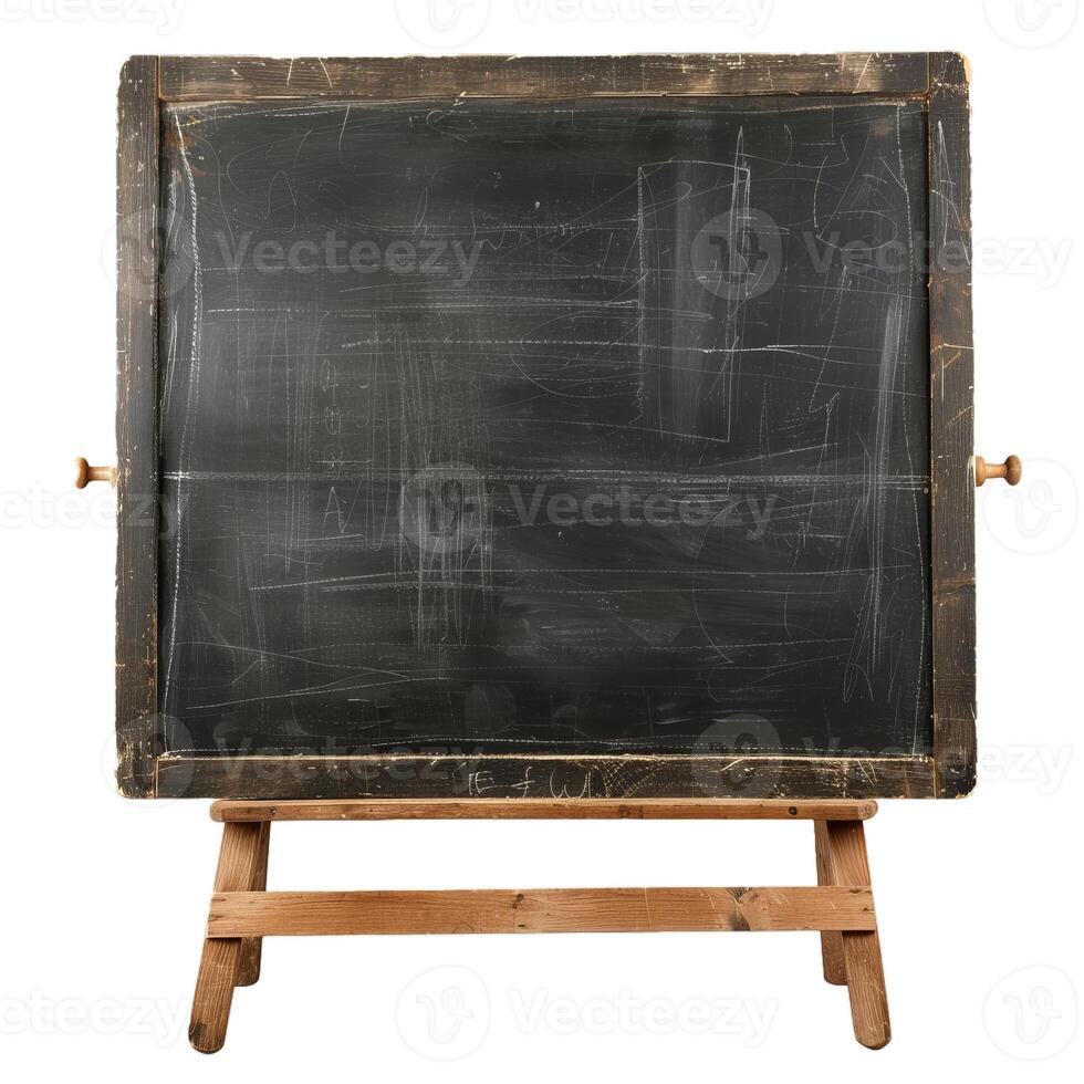 Old empty chalkboard with wooden frame on easel isolated on white photo