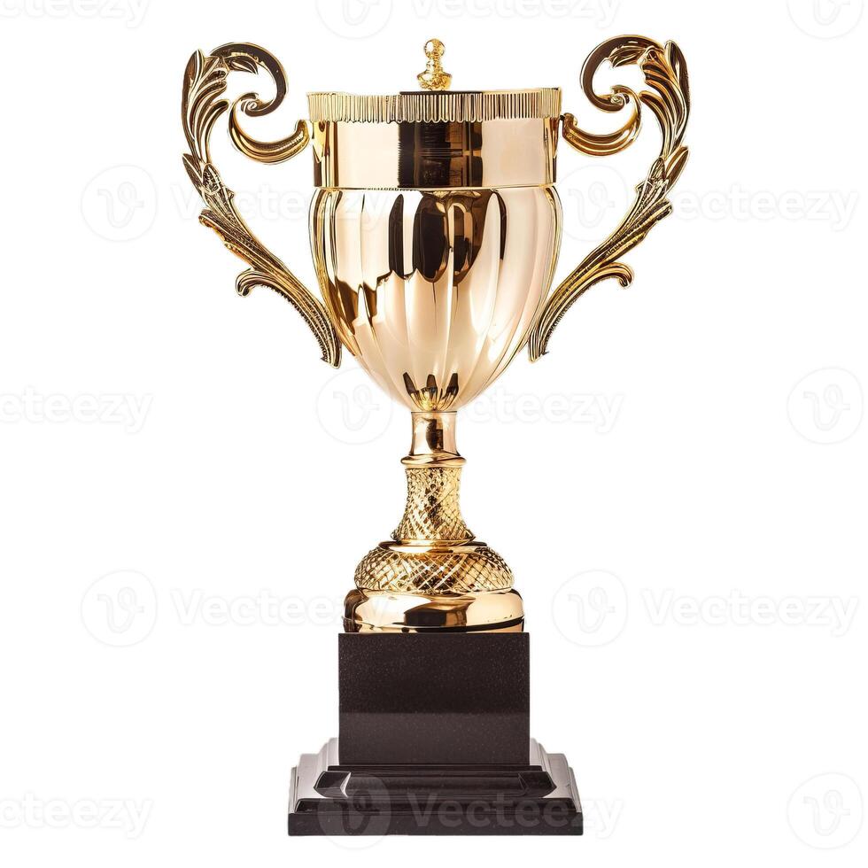 Golden trophy standing on black pedestal representing victory and success photo