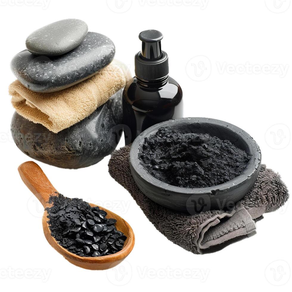 Composition with ingredients for a homemade charcoal mask photo