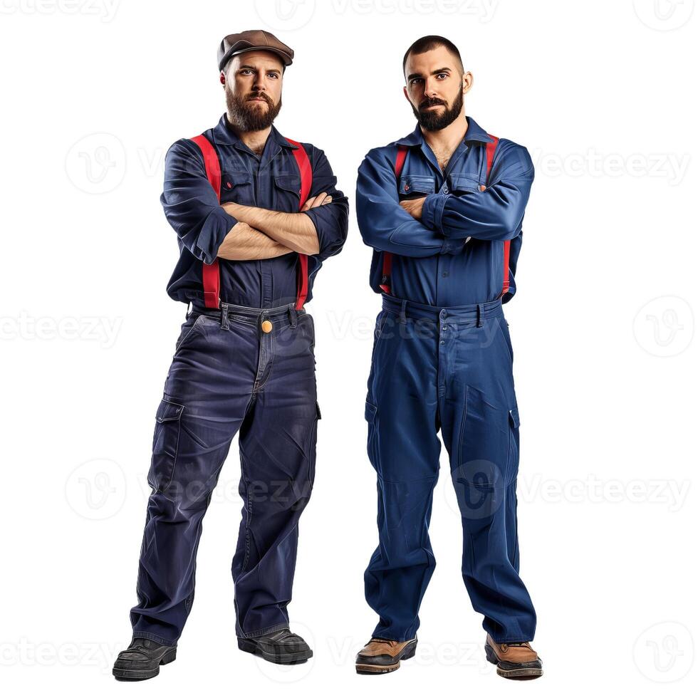 Two confident mechanics are posing with crossed arms on a white background photo