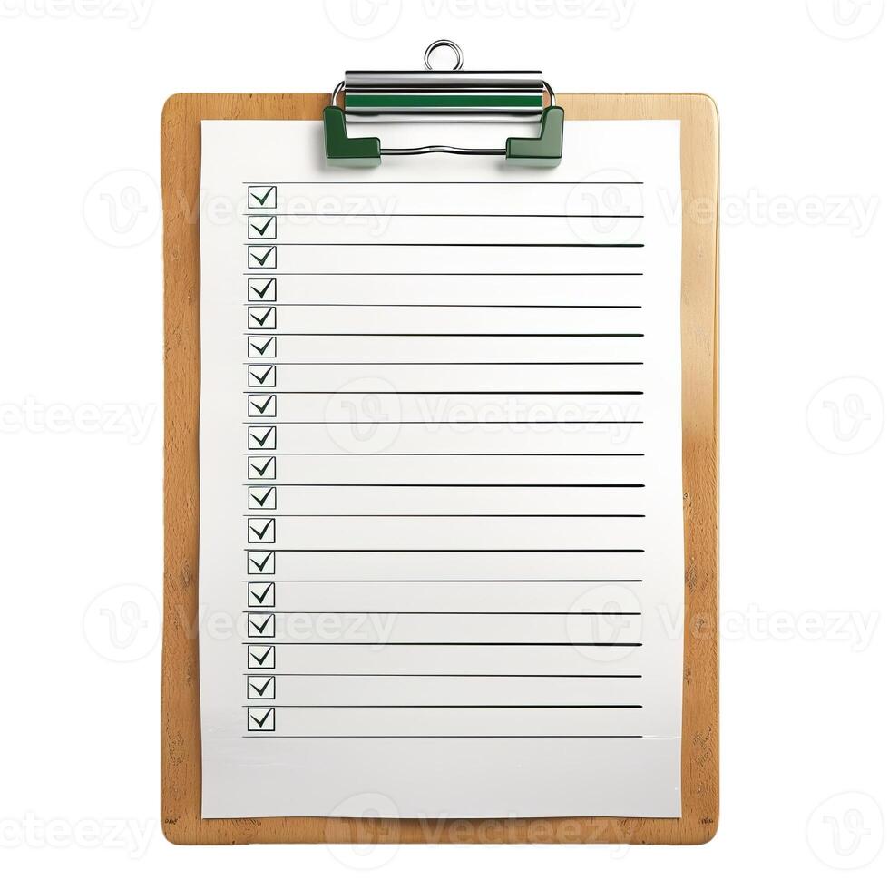 Blank checklist on clipboard showing empty checkboxes for to do list items photo
