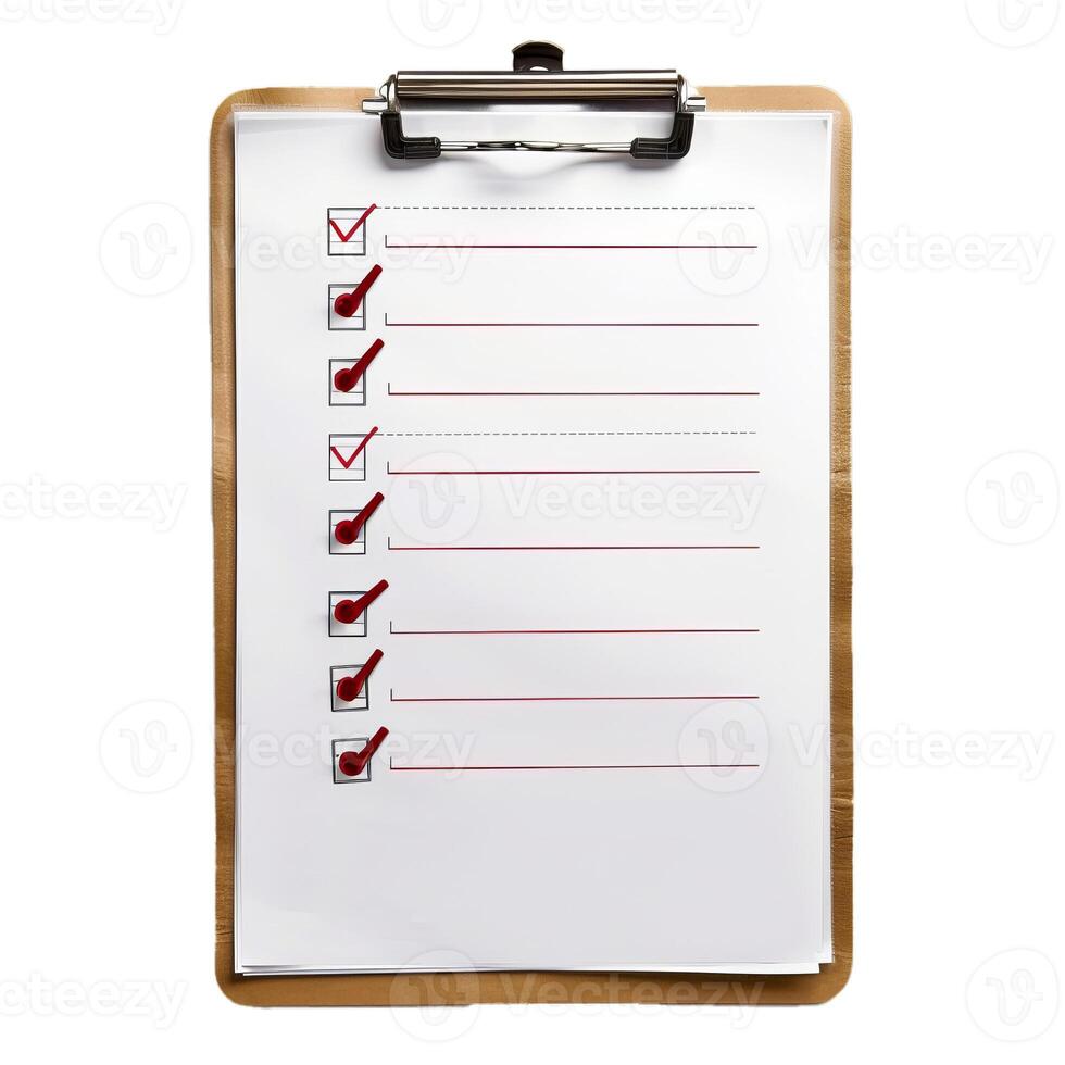 Checklist on a clipboard with red check marks showing completed tasks photo