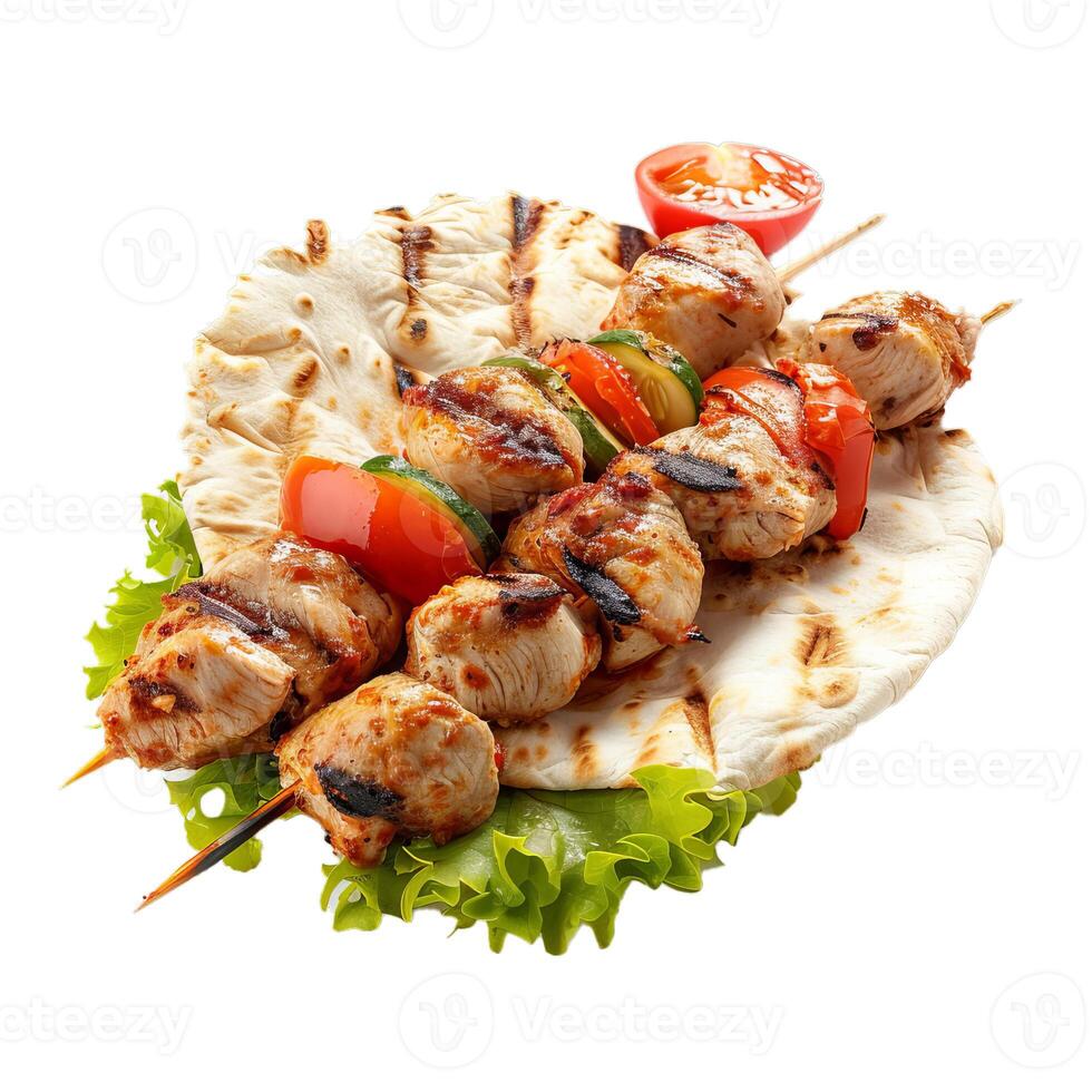 Delicious chicken shish kebab with vegetables on a skewer lying on pita bread photo