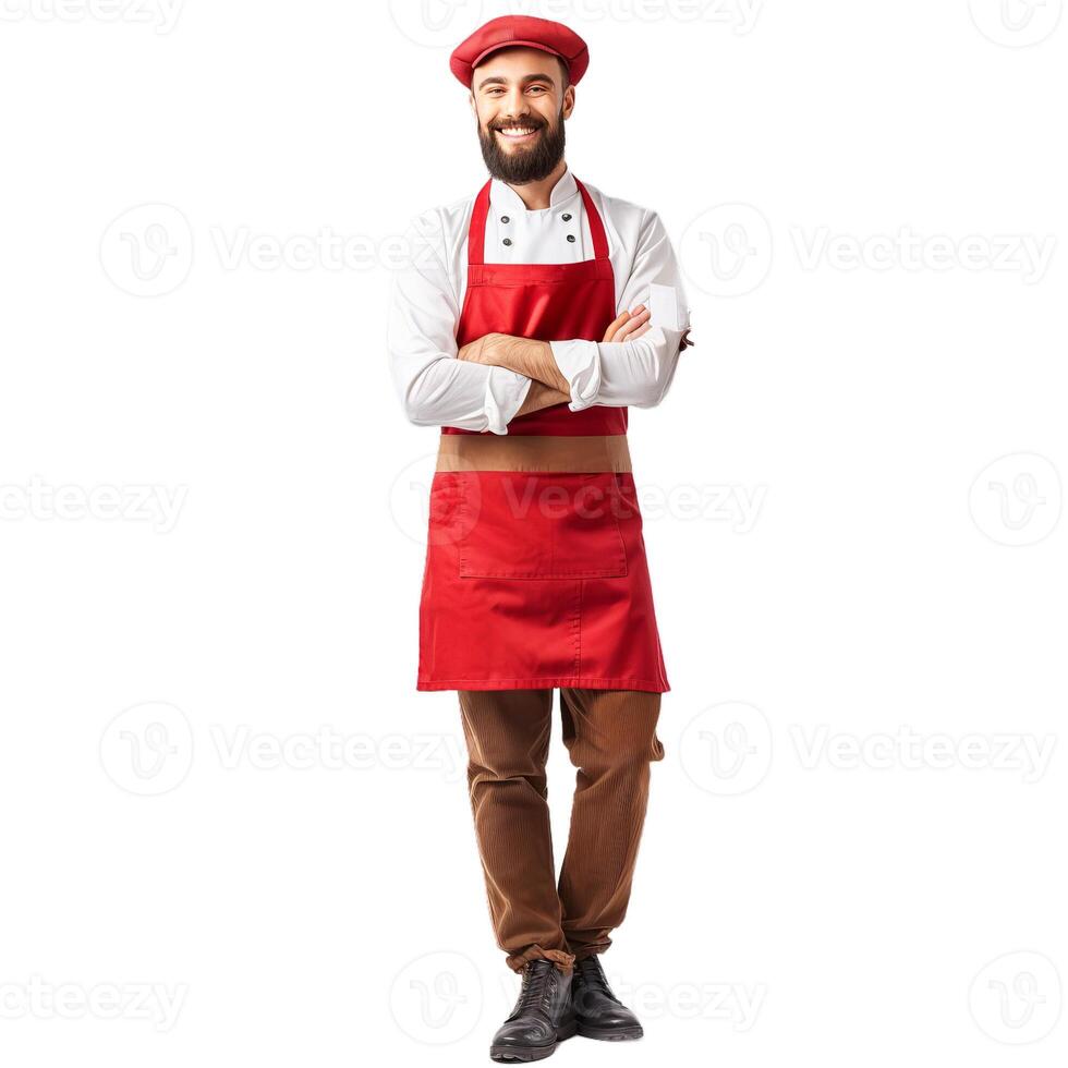 Confident chef smiling with arms crossed wearing red apron photo