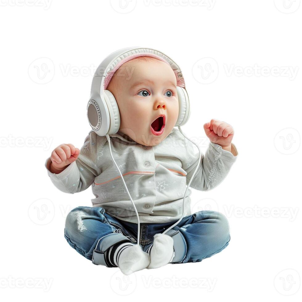 Amazed baby with headphones on transparent background photo