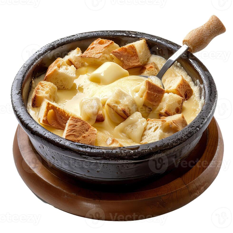 Traditional cheese fondue with bread chunks photo