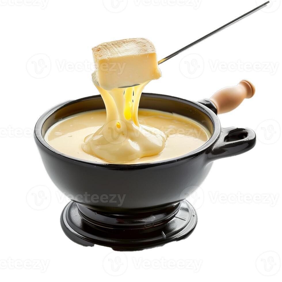 Fondue cheese dip with bread on fork photo
