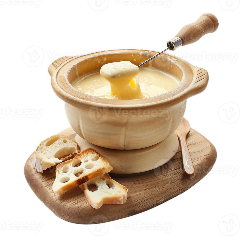 Pot of melted cheese fondue with dipping fork and bread on wooden board photo