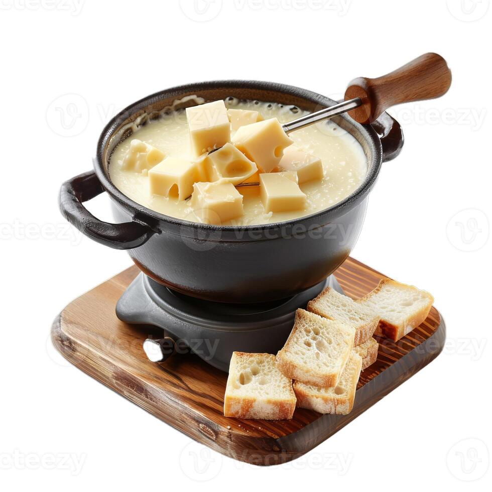 Gourmet cheese fondue with cubed bread on wooden board photo