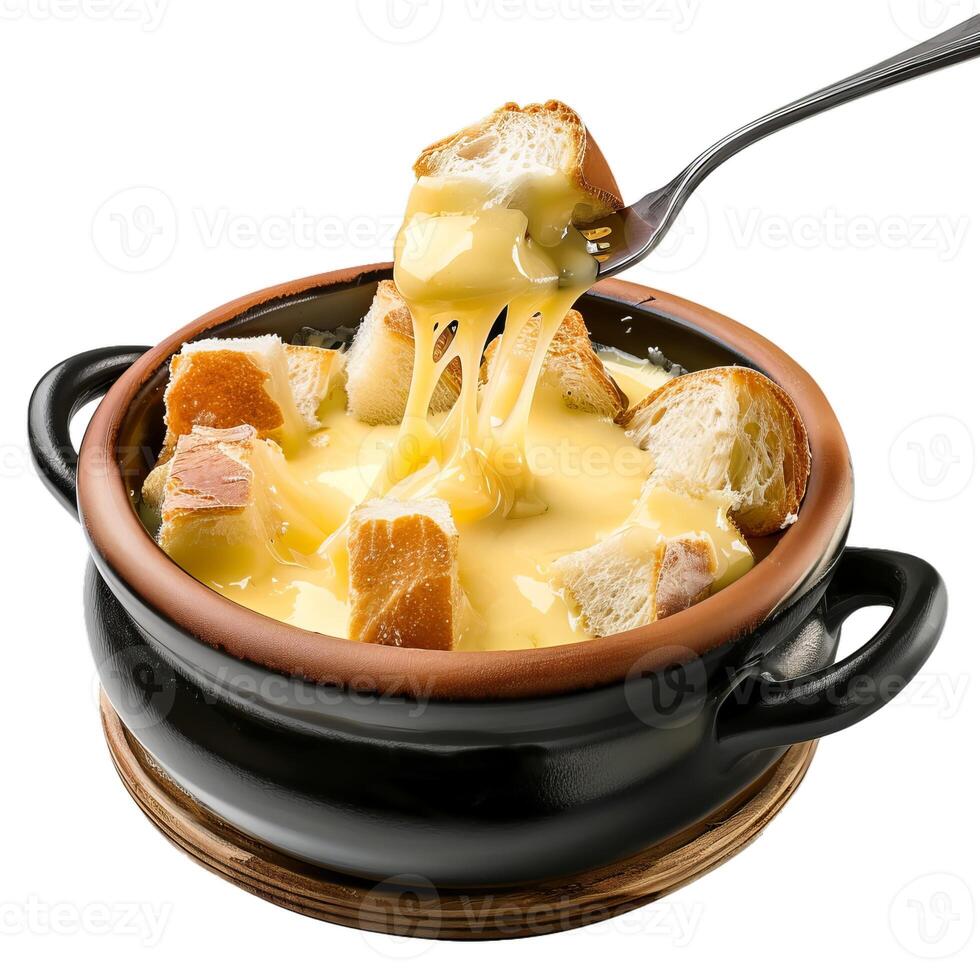Cheesy fondue dip with bread croutons photo