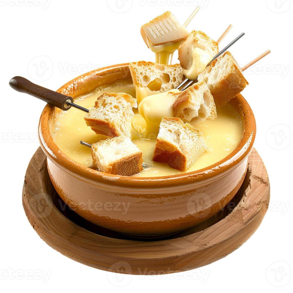 Melted cheese fondue with bread cubes dipping on a wooden board photo