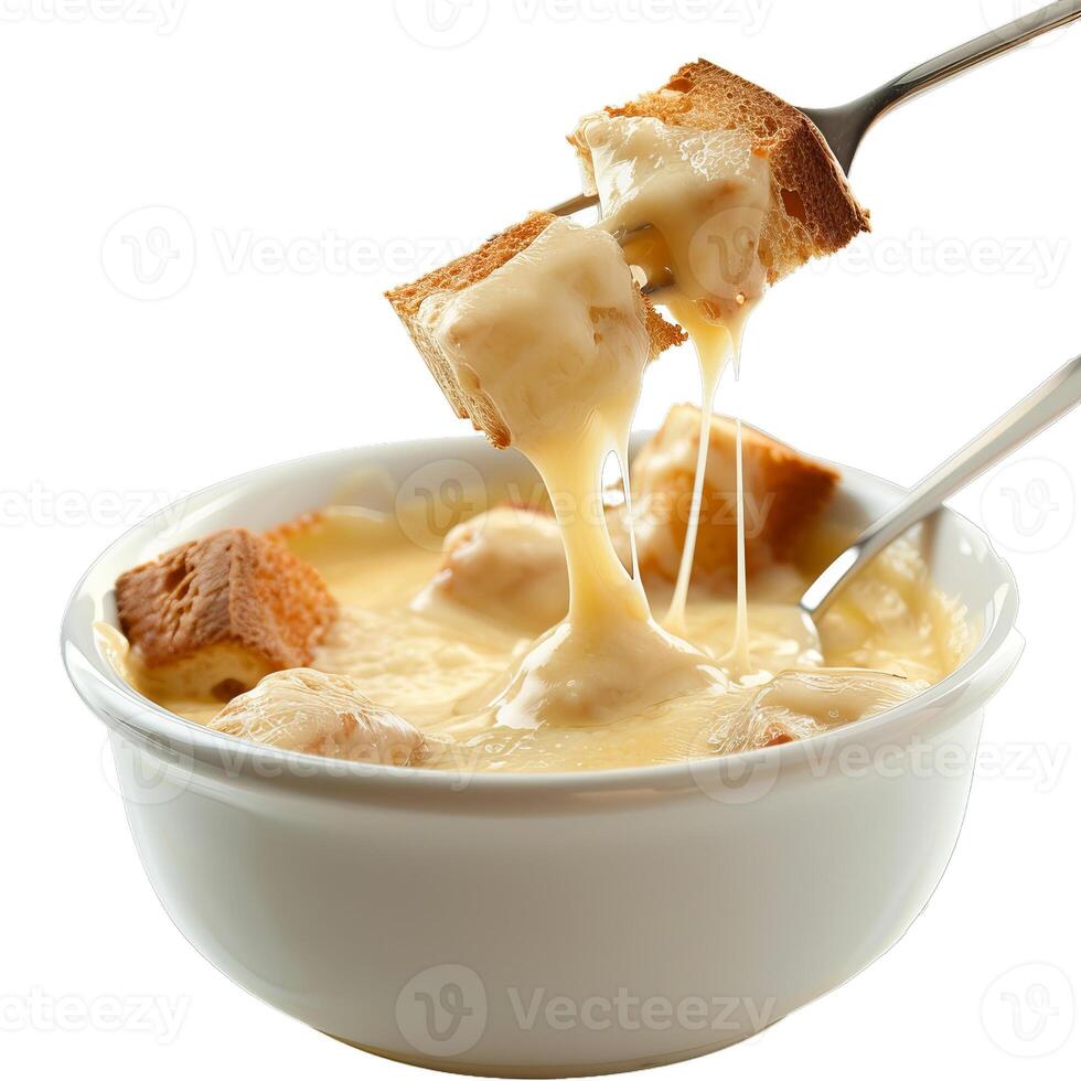 Fork dipping bread in melted cheese fondue photo
