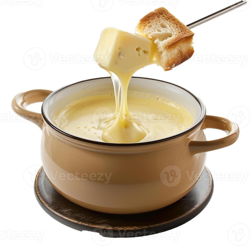 Dipping bread in cheese fondue with fork on white background photo