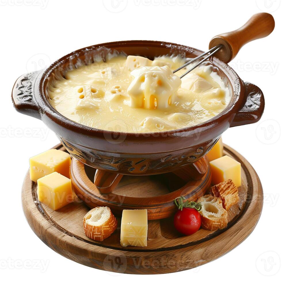 Fork dipping bread in cheese fondue on wooden board photo