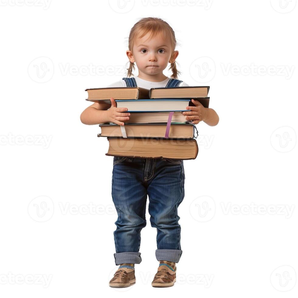 Little boy holding a stack of books photo