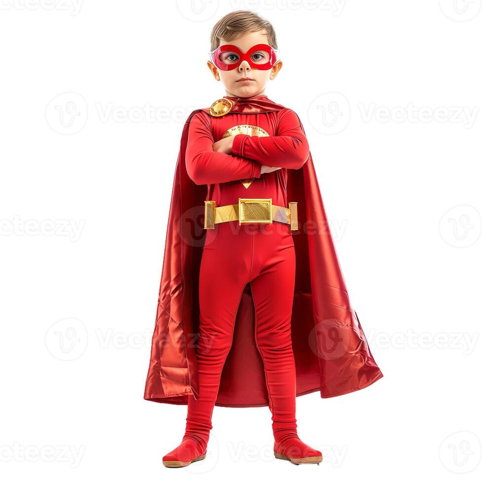 Young boy superhero standing with arms crossed and red cape photo