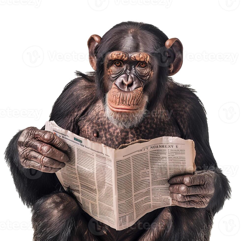 Chimpanzee looks focused while reading a newspaper against a transparent background photo