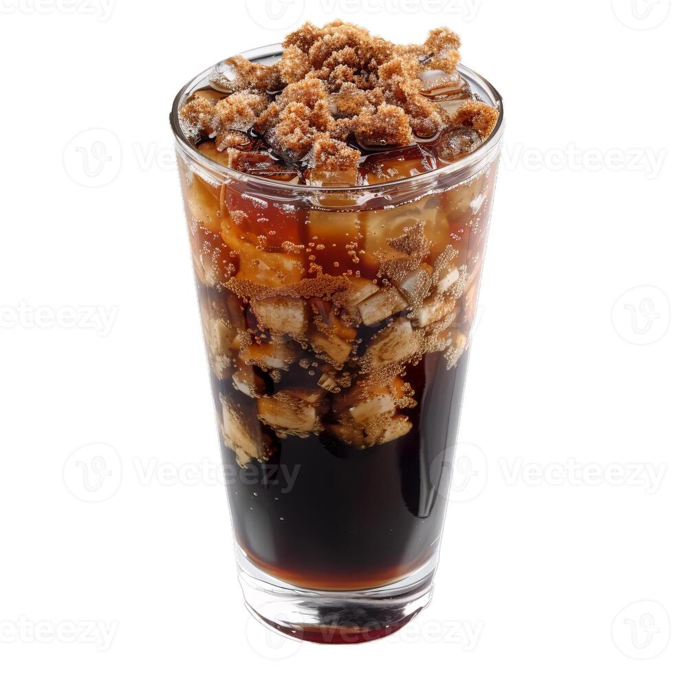 Glass of cola with ice cubes and brown sugar topping on white background photo