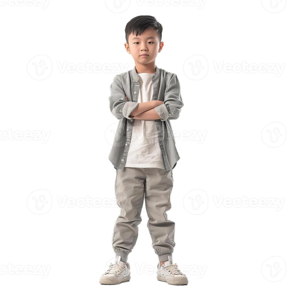 Confident young boy standing with arms crossed photo