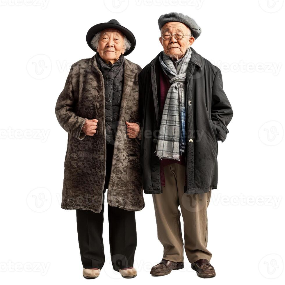 Senior man and woman posing in warm clothing, isolated on a transparent background photo
