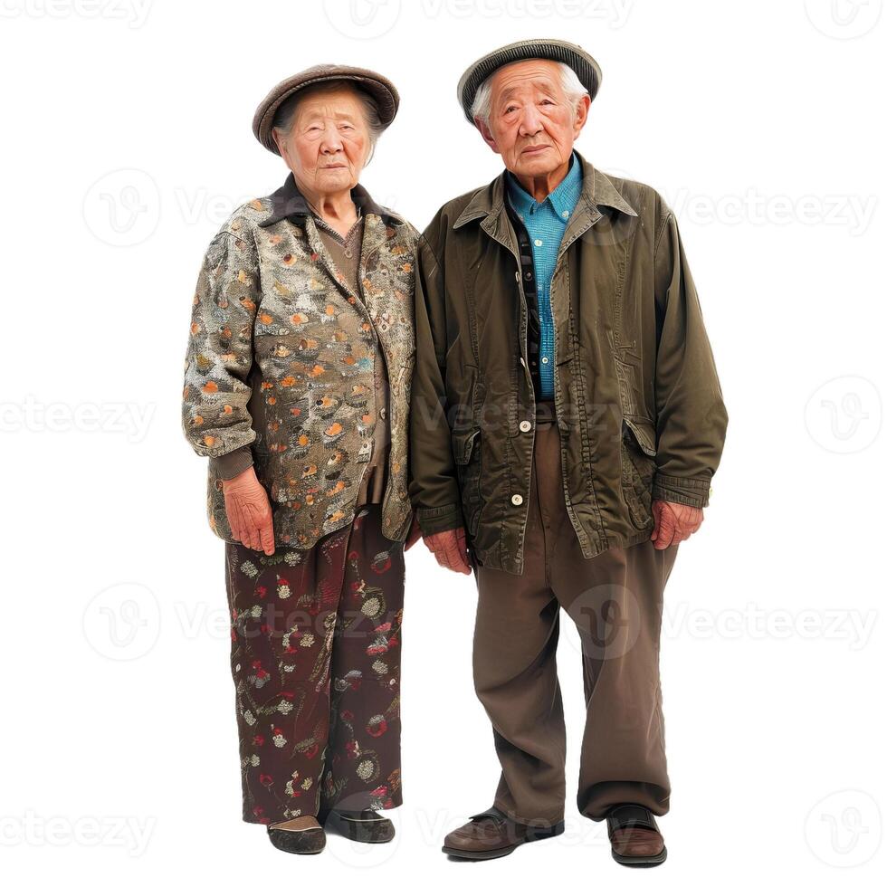 Elderly asian couple wearing traditional clothes posing on white background photo