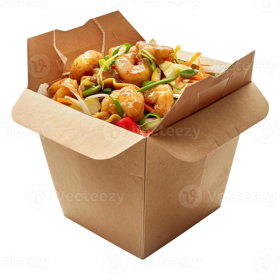 Wok with shrimp and vegetables in a cardboard box for delivery photo