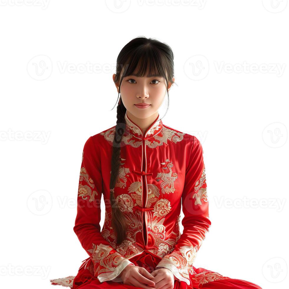 Young woman wearing traditional chinese dress posing on white background photo