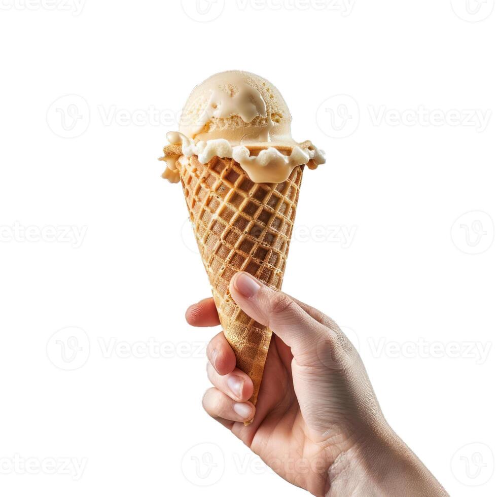 Woman hand holding delicious melting ice cream cone photo