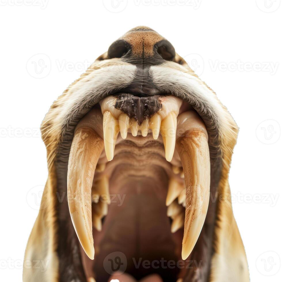 Saber toothed cat showing huge canines while growling photo