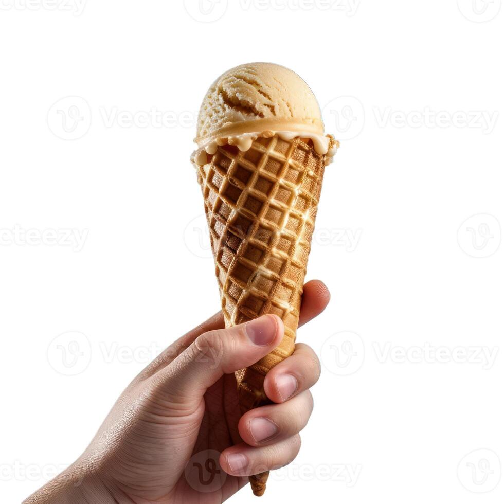 Hand holding a melting ice cream cone against a white background photo