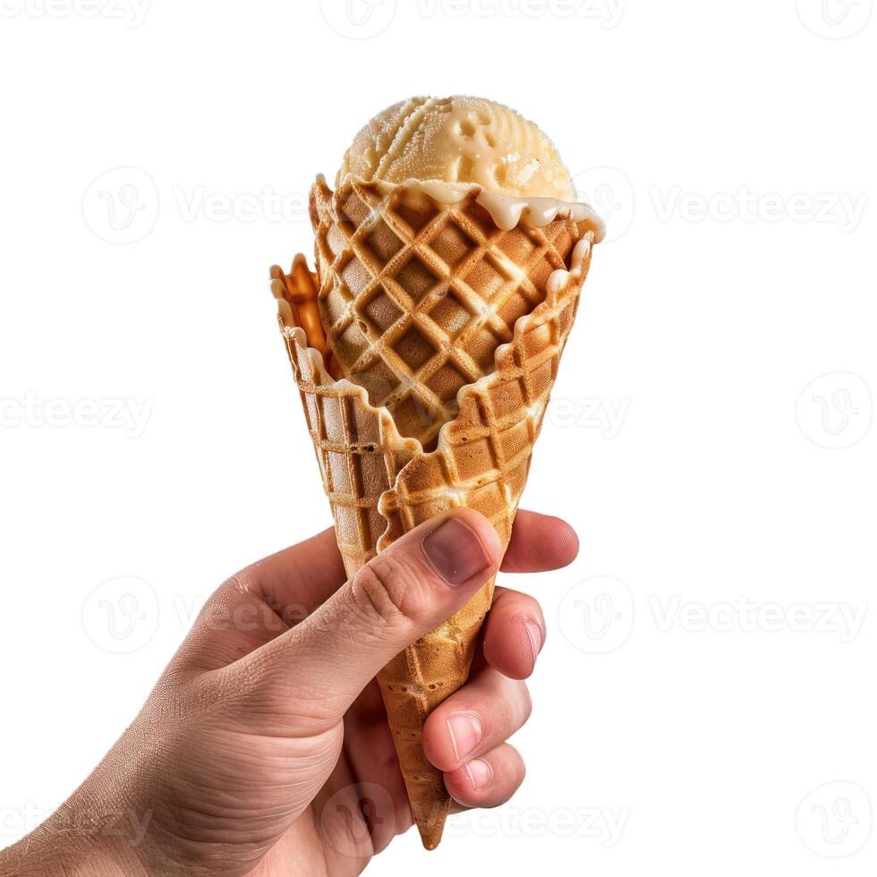 Hand holding delicious ice cream cone on white background photo