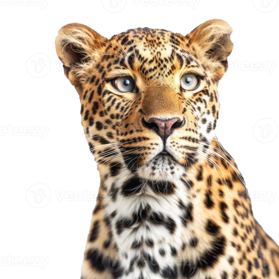 Leopard looking up with intense blue eyes on white background photo