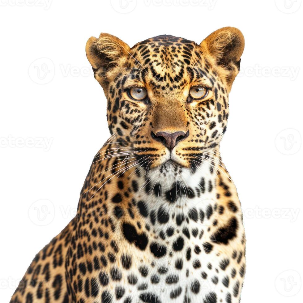 Leopard staring intently with piercing eyes on white background photo