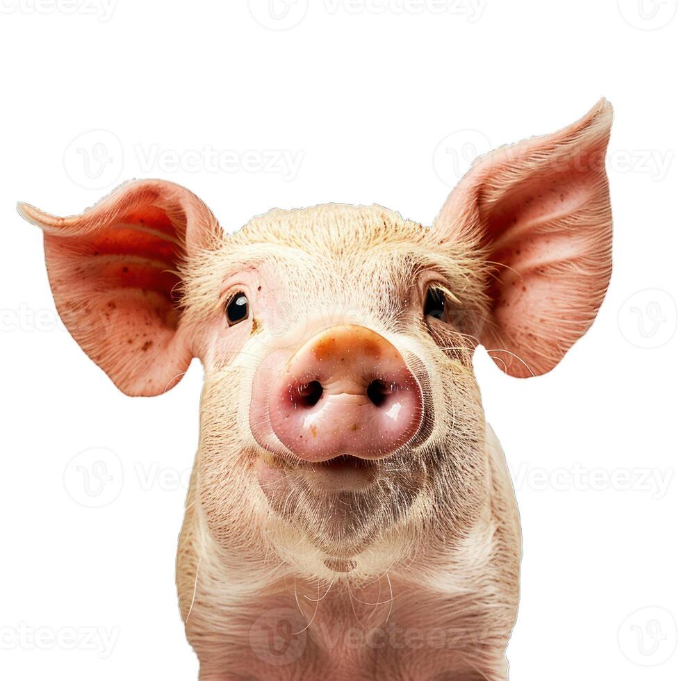 Piglet smiling on white background, close up portrait photo