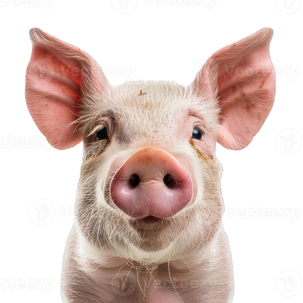 Curious piglet looking at camera with pink nose and big ears photo