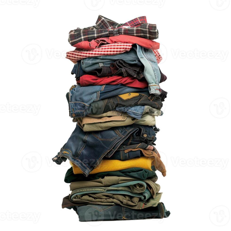 Stack of clothes overflowing from closet symbolizing consumerism photo