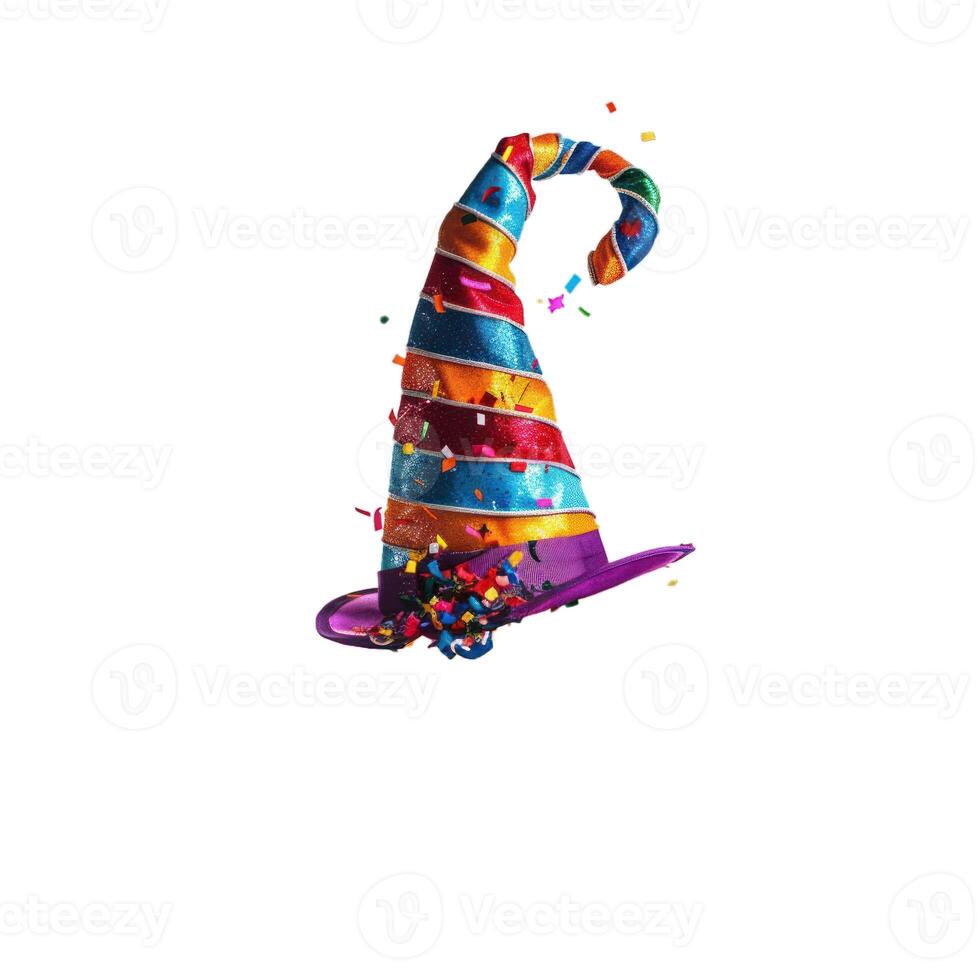 Colorful witch hat falling with confetti, perfect for celebrating a carnival party photo