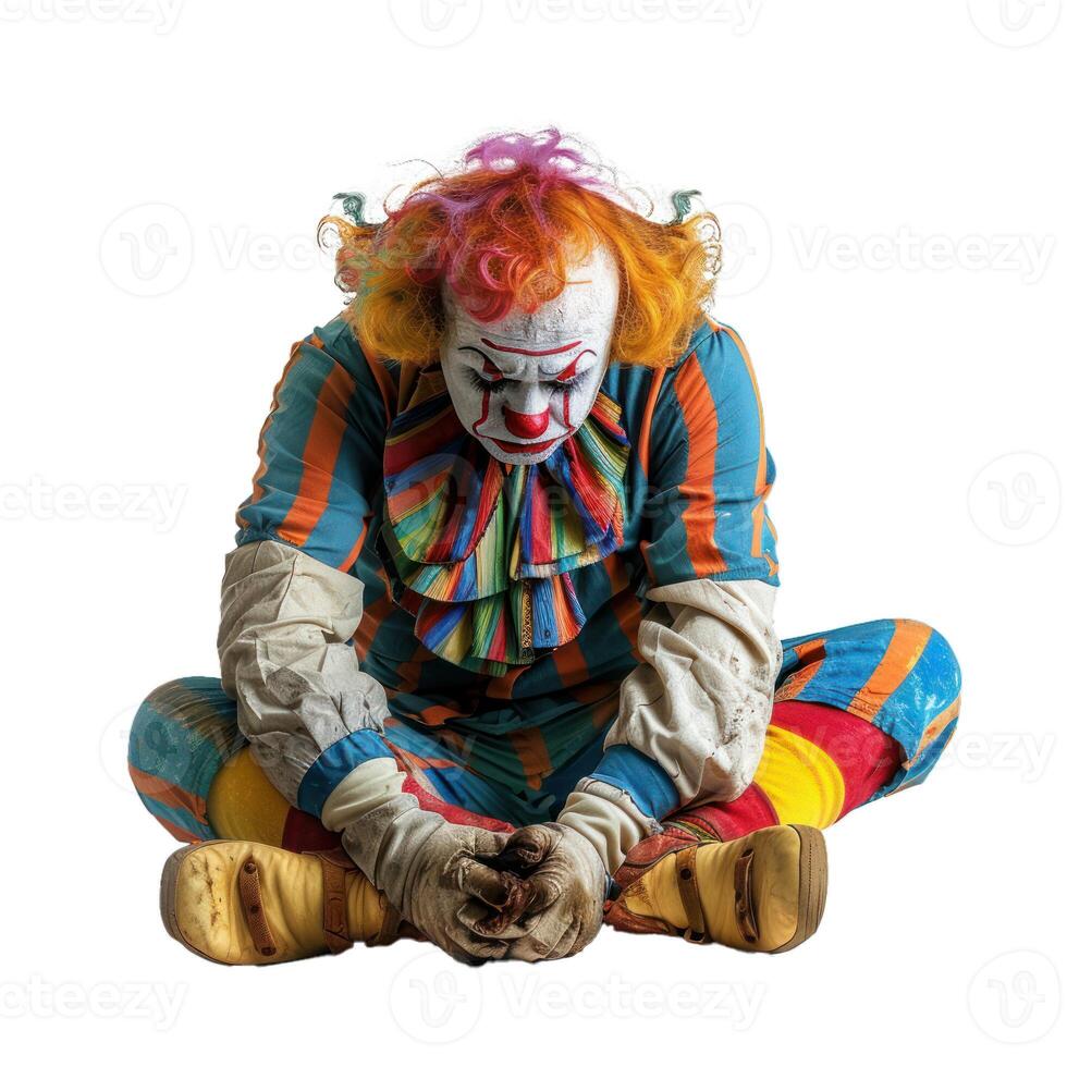 Evil clown sitting down looking depressed with makeup running photo