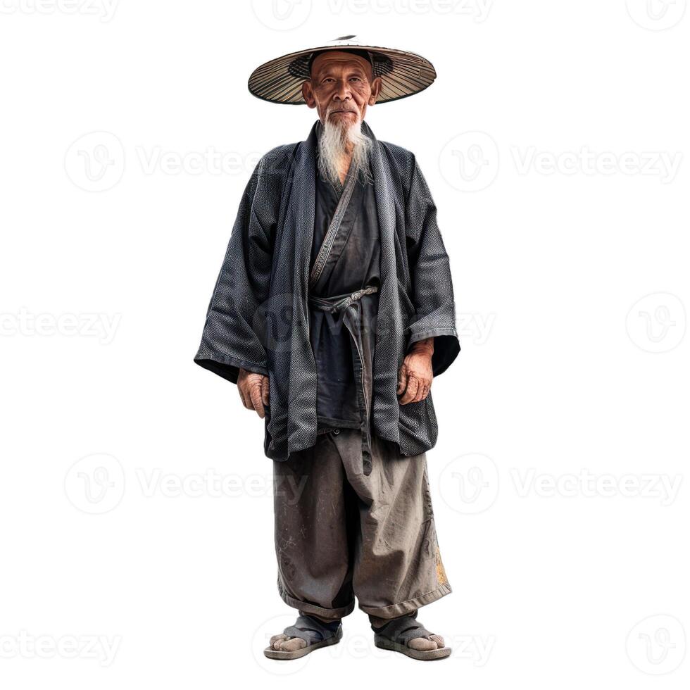 Senior japanese farmer wearing traditional clothes and hat standing on white background photo