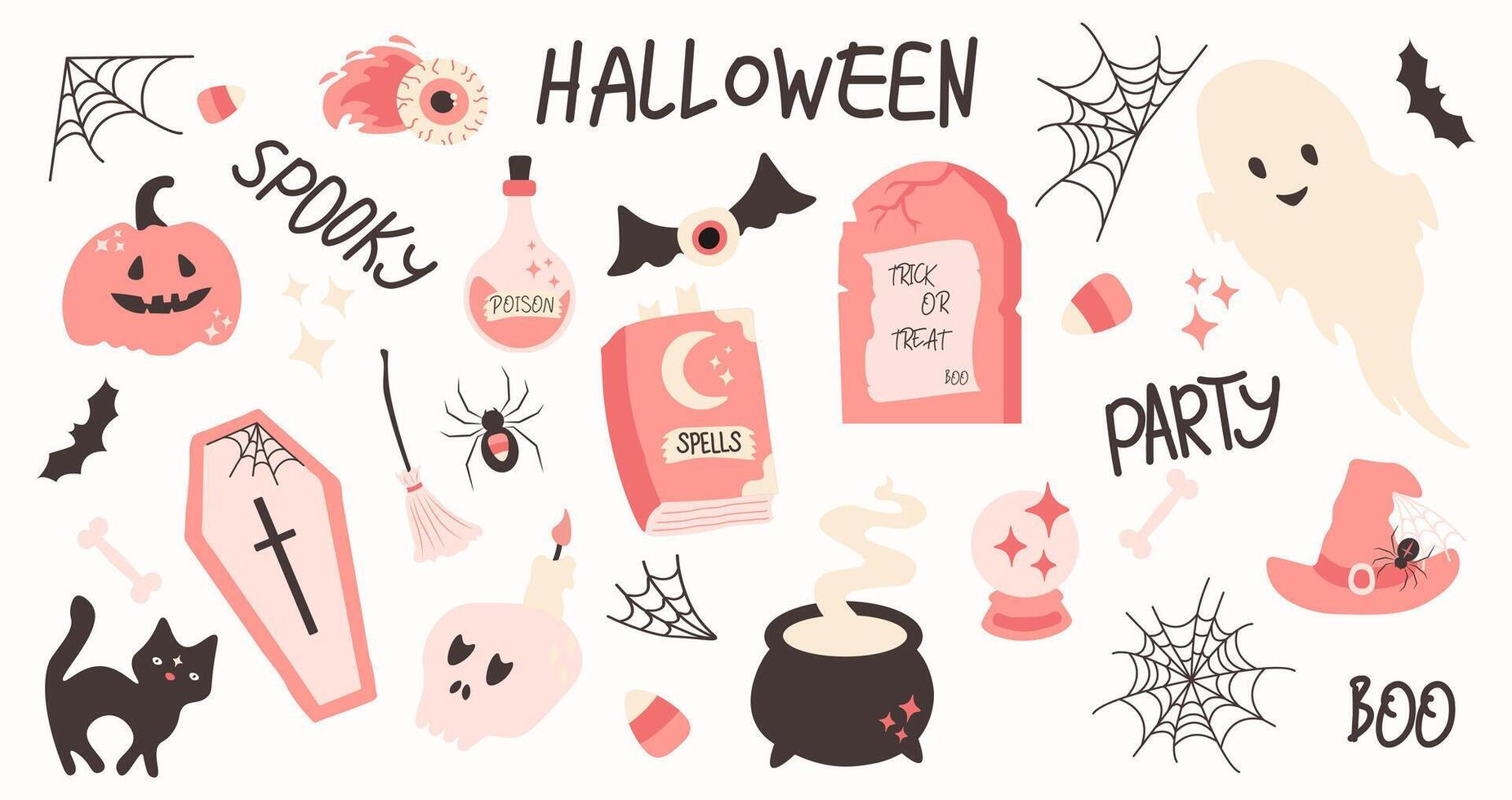 Halloween pink elements set. Cute decor of magical elements in a simple naive style. For scrapbooking, greeting card, party invitation vector
