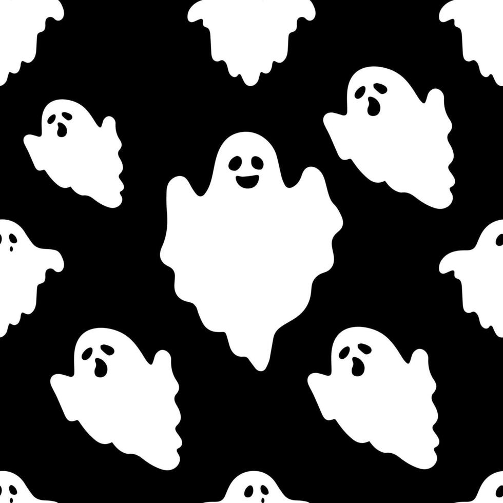 Seamless patterns with cute ghosts on black background. Simple spooky character. Festive background for Halloween vector