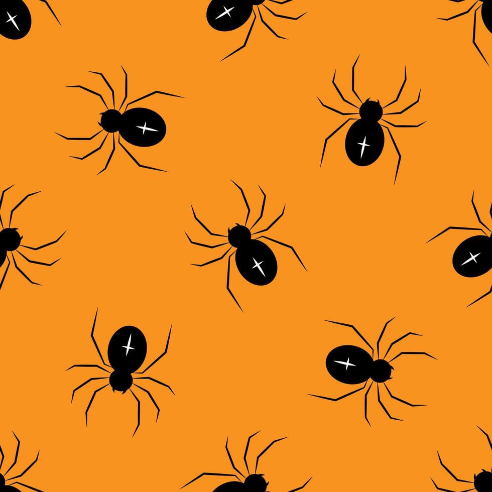 Black spiders on a orange background. Halloween seamless pattern. For backdrop, wrapping paper, fabric, wallpaper vector
