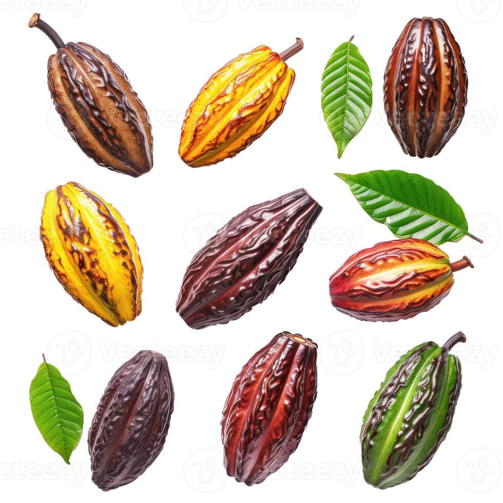 Colorful cocoa pods falling through the air with green leaves photo