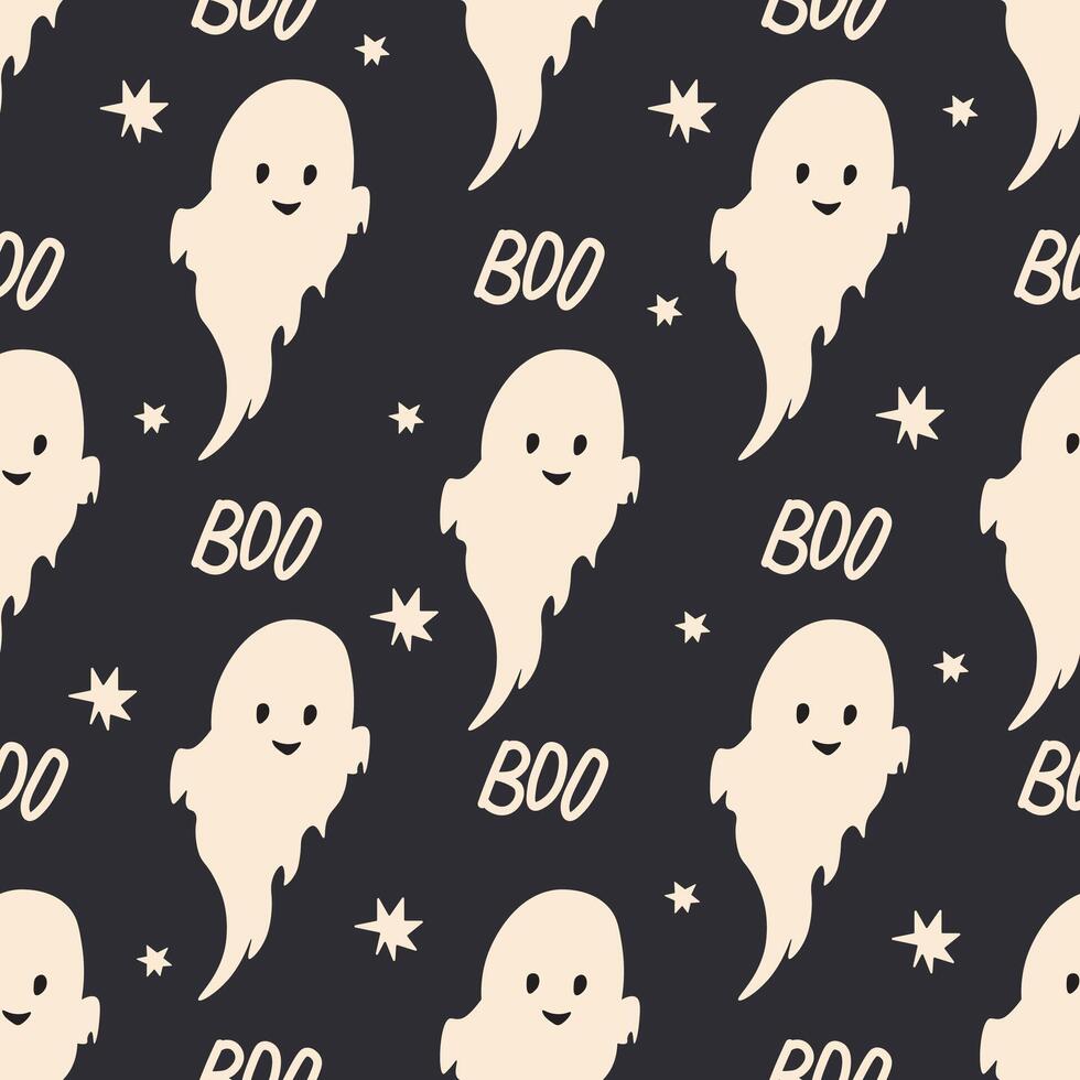 Seamless patterns with cute ghosts on black background. Simple spooky character. Festive background for Halloween. Boo vector