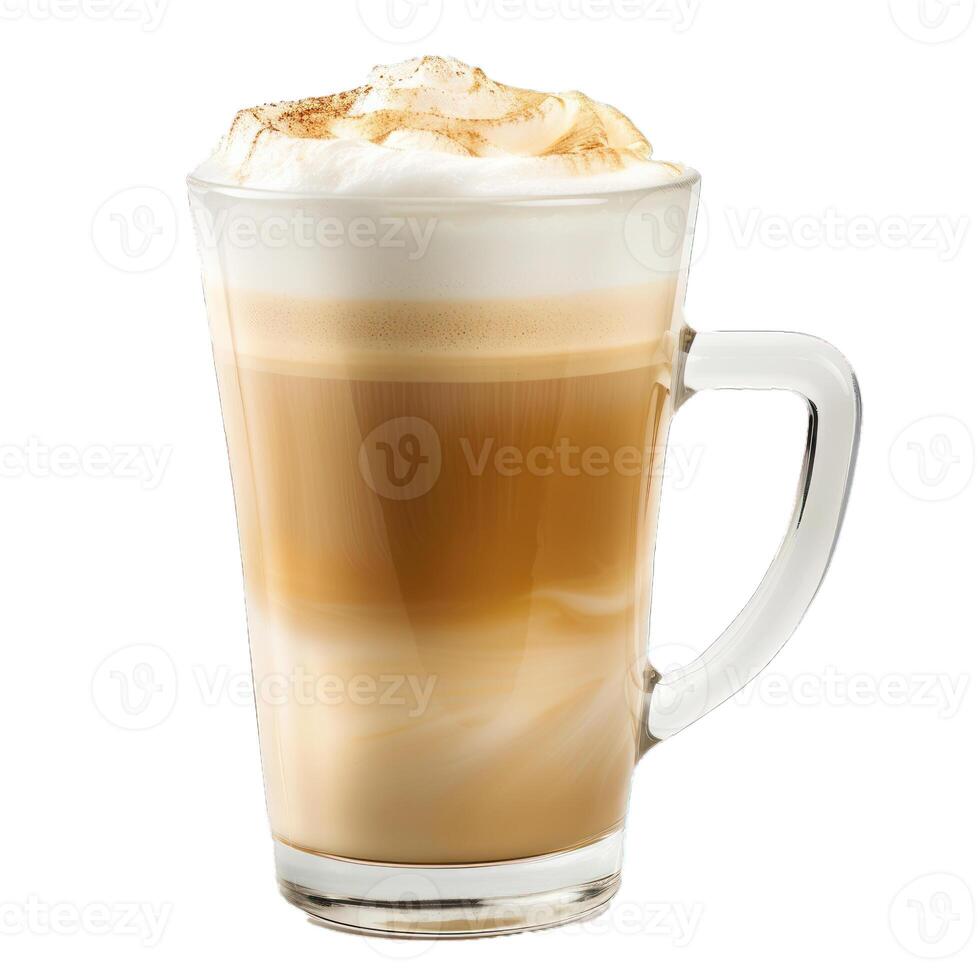 Latte macchiato coffee with whipped cream in a tall glass standing on white background photo