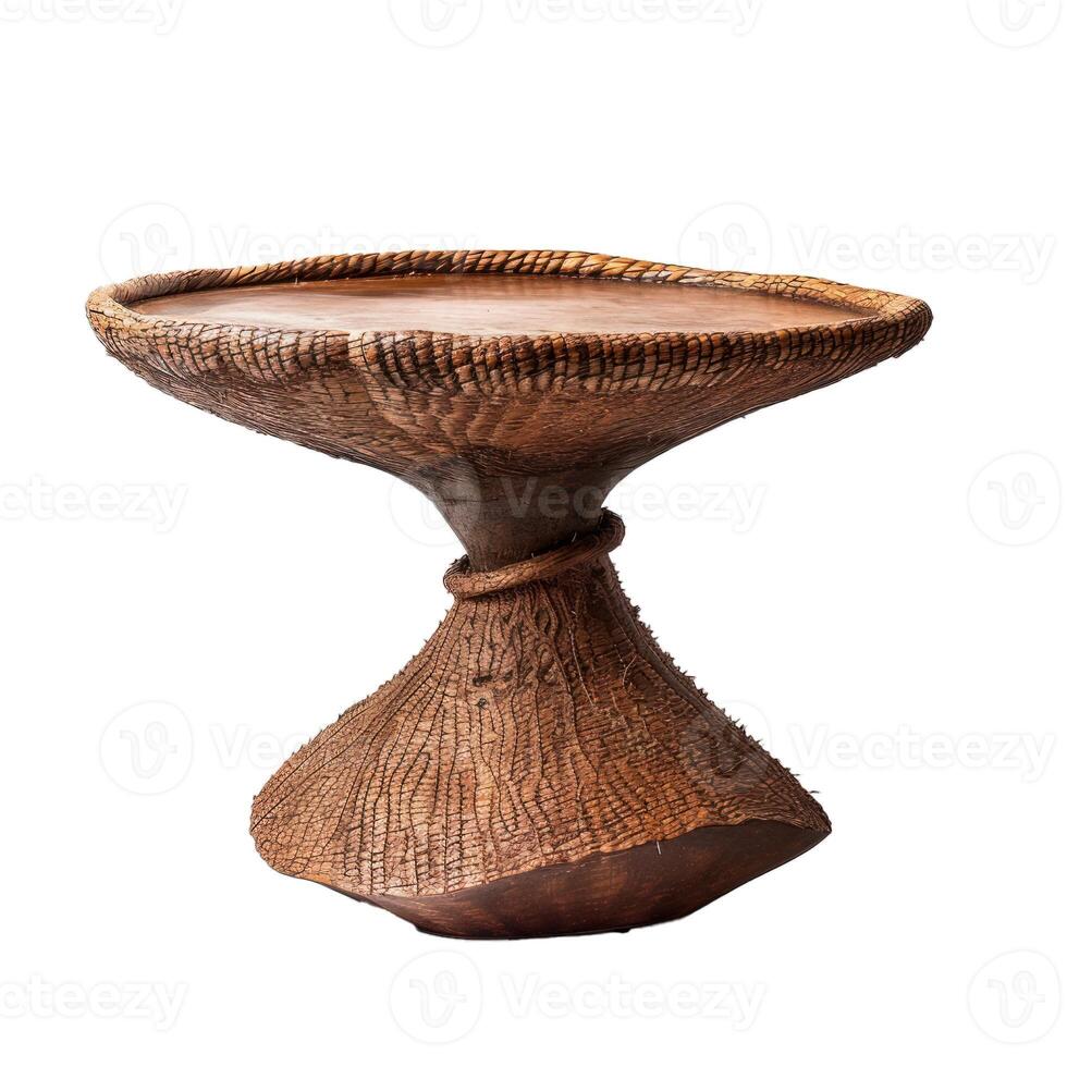 Empty round wicker table standing on white background photo