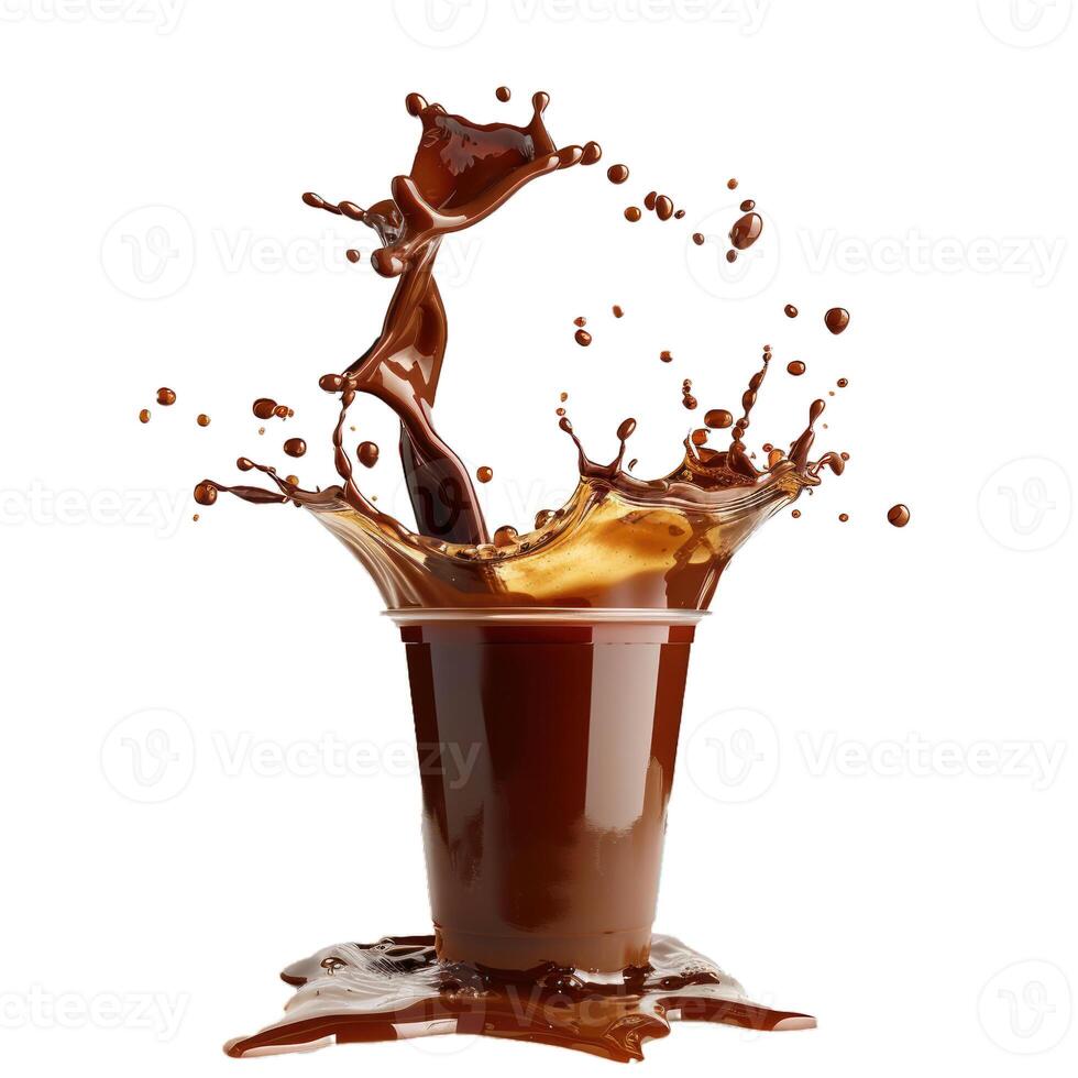 Chocolate milk splashing out of a plastic cup on a white background photo