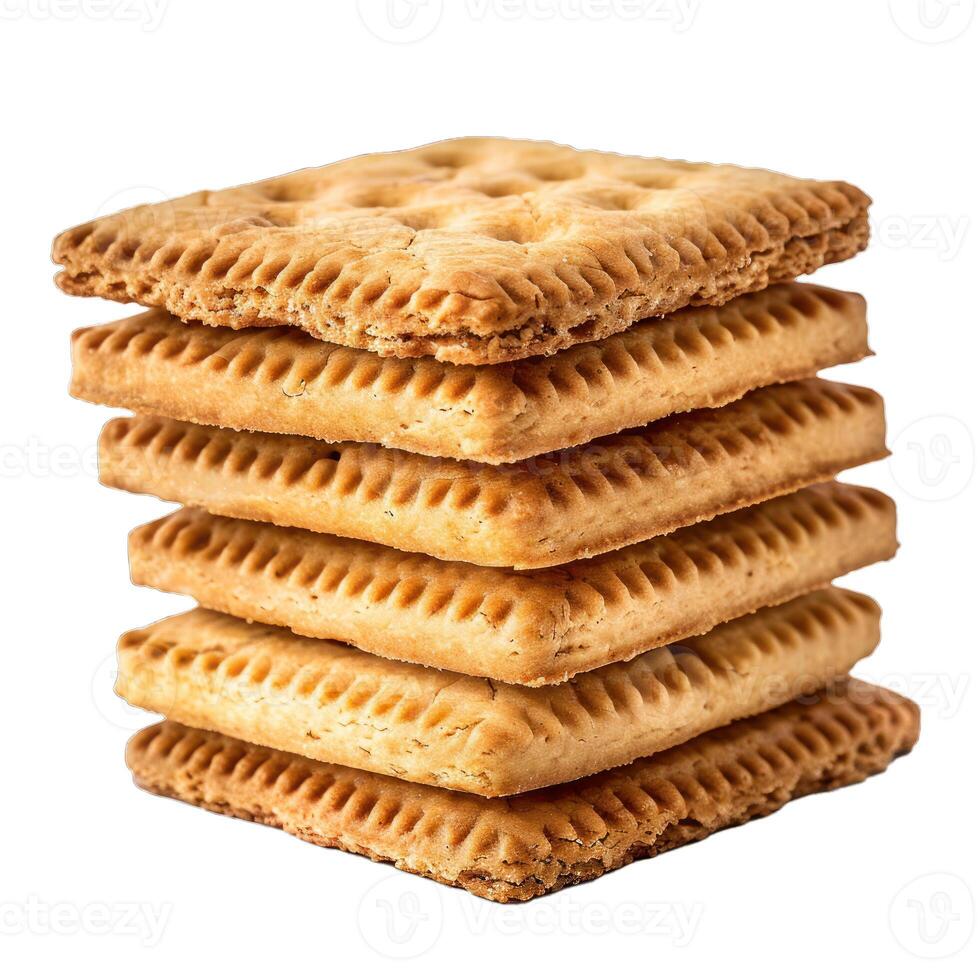 Stack of square crackers layered high on white background photo