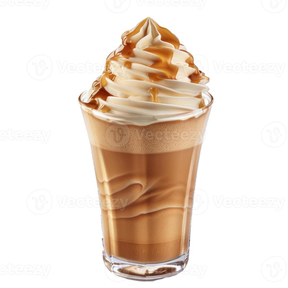 Caramel coffee latte is topped with whipped cream and caramel drizzle photo
